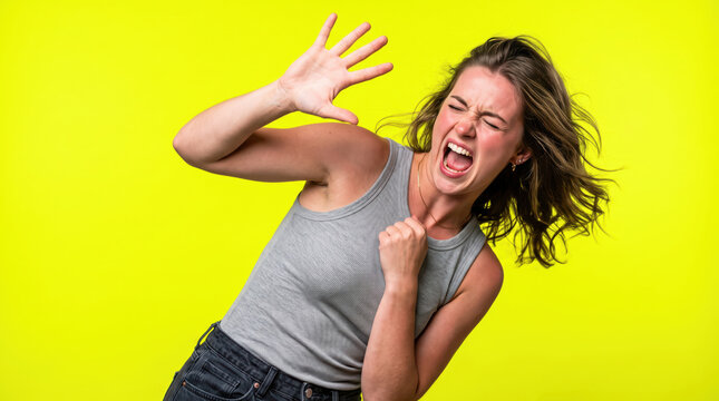 Screaming woman shielding herself in fear on yellow background.