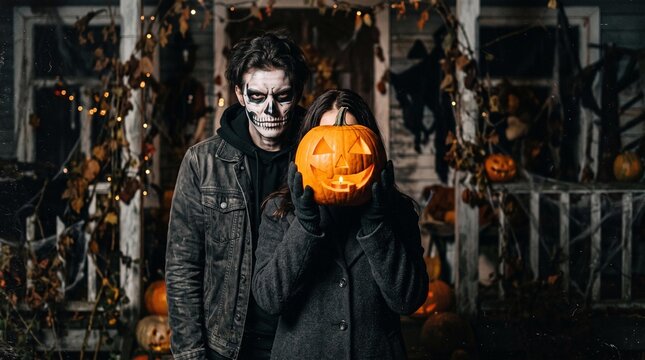 Spooky halloween couple with skeleton face paint and pumpkin
