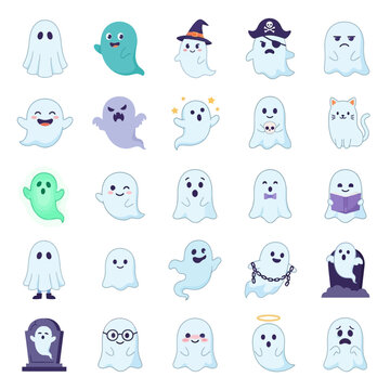Cute Halloween ghost icons set, 25 cartoon spooky spirit characters. Kawaii ghost stickers for holiday decor, friendly phantom vector collection. isolated on White Background halloween