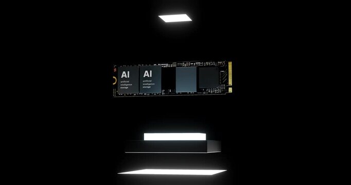 Orbiting camera around hovering artificial intelligence solid state drive with blinking text on glowing platform