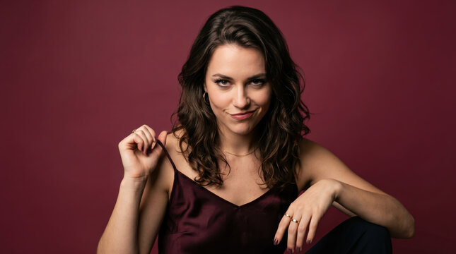 Woman with sly smirk pulling camisole strap on maroon background.