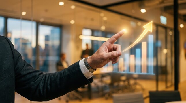 Male professional interacting with glowing bar graph showing rising business statistics and positive economic data for investment strategy and commercial success tracking online.
