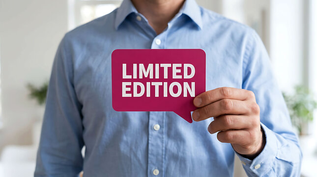 Businessman holding limited edition sign speech bubble in office promotion sale