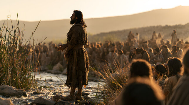 Prophet john the baptist speaking to a multitude of people near a riverbank