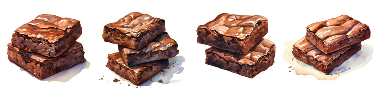 Watercolor illustration of freshly baked chocolate brownies stacked on a black background