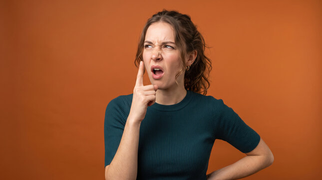 Disapproving woman raising finger in disbelief or thinking on orange background.