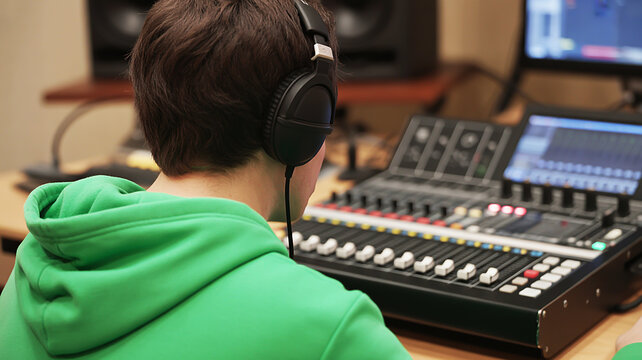 Young sound engineer wearing headphones mixing audio on professional console in recording studio