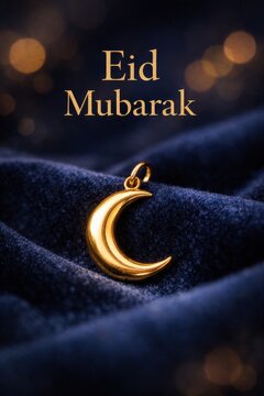 Golden crescent moon pendant on dark velvet with "eid mubarak" greeting for elegant holiday card background and banner design