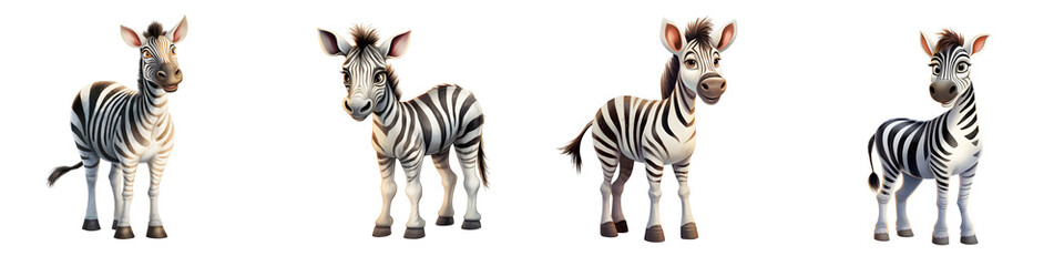 Naklejka premium Cartoon zebras in various poses stand against a black background