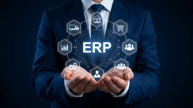 Businessman holding ERP enterprise resource planning business management system