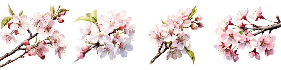 Naklejka premium Watercolor painting showcasing flowering cherry blossom branches on a black background