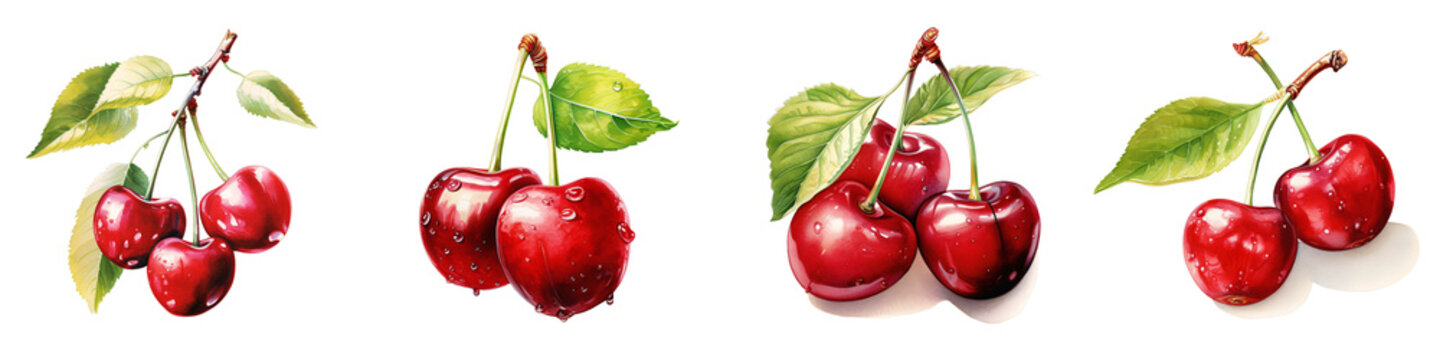 Four arrangements of sweet cherries with stems and leaves on a black background