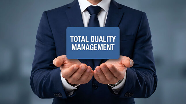 Businessman holding total quality management card for business excellence concept