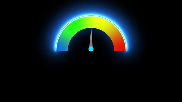 Neon speedometer gauge animation: dynamic performance and progress indicator glowing dashboard