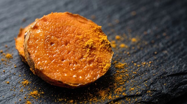 Fresh sliced turmeric root on a dark rustic wooden background for healthy brain boosting nutrition.