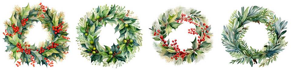 Obraz premium Watercolor illustration of four festive christmas wreaths on a black background
