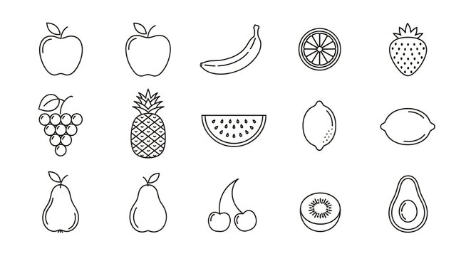 Set of fresh fruit icons featuring apple banana strawberry pineapple grape watermelon and lemon