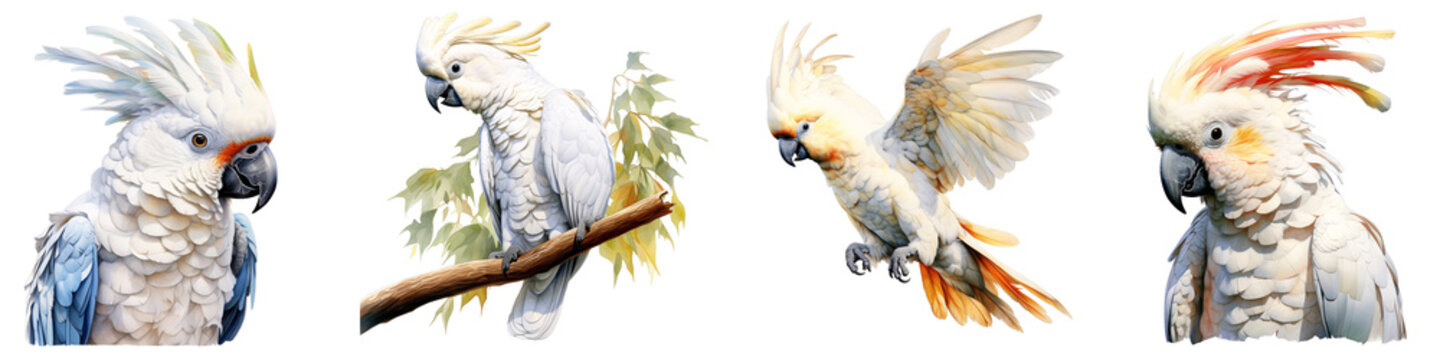 Collection of watercolor cockatoo parrots showcases detailed plumage and expressive eyes in various poses on black