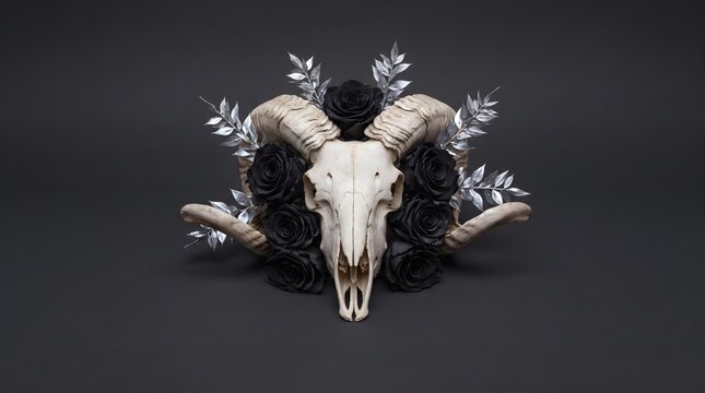 Ram Skull Decorated with Black Roses and Silver Leaves.