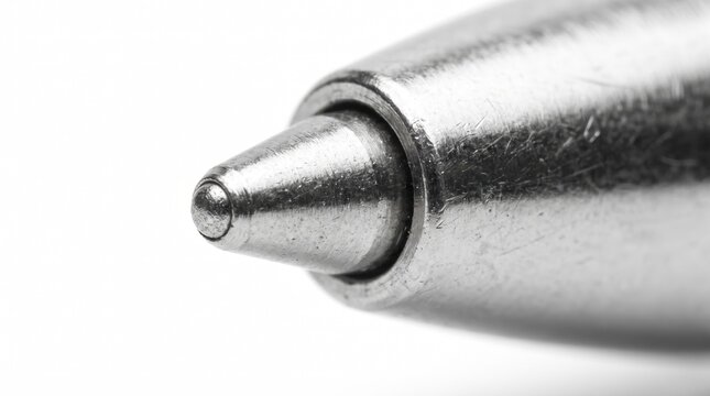 Extreme macro close up of a metallic ballpoint pen tip on white background.