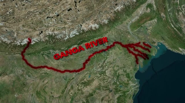 Ganga River Map Animation Showing the Major River Route Across Northern India in 4K
