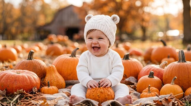 Commercial autumn lifestyle stock photo of a joyful baby sitting surrounded by bright orange pumpkins at a pumpkin patch.