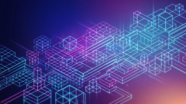 Abstract digital background featuring glowing blue and purple isometric cubes and interconnected data network lines