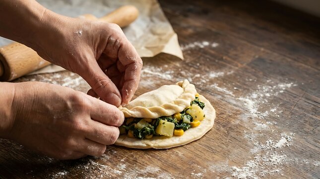 Woman hands making empenadas with potato and spinach filling on a wooden table close up