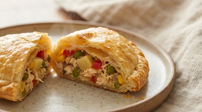Freshly baked empenadas cut in half showing chicken and vegetable filling on a ceramic plate