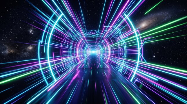 Abstract digital tunnel with glowing neon light streaks and futuristic circular portal technology background design