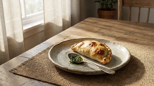 Freshly baked empenadas served on a rustic plate with chimichurri sauce for a cozy home meal.