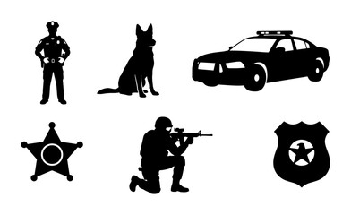 Police Officer, K9 Dog, Patrol Car, SWAT Soldier, Badges Vector Icons Set © Tanjil