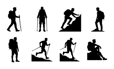 Fototapeta premium Hiking Silhouette Collection: Mountain Climbers, Trekkers, Backpackers, Outdoor Adventure Icons