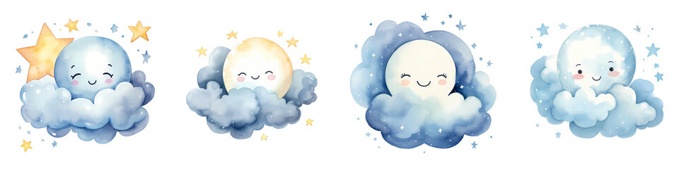 Obraz premium Collection of whimsical moon and cloud illustrations with a starry night background