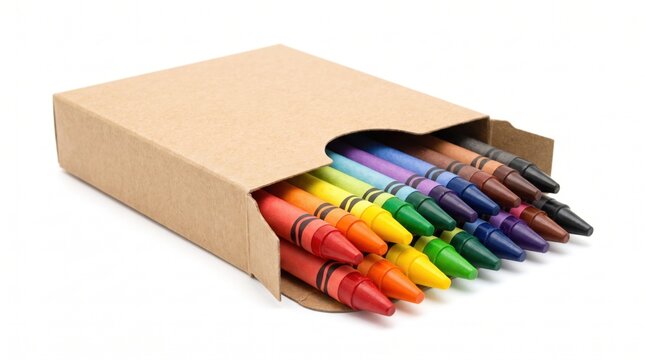 Set of colorful wax crayons in a brown cardboard box isolated on white background.