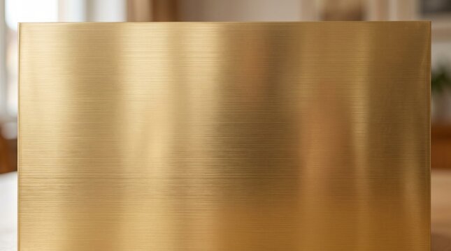 Close up view of a smooth polished gold cylindrical surface with soft warm interior lighting