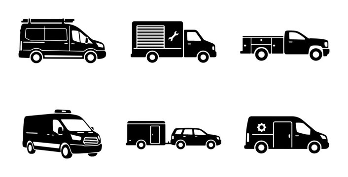 Diverse Commercial Vehicle Icons: Vans, Trucks, Ambulances, Trailers, Service Vehicles