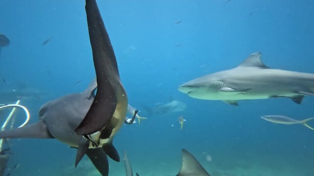Close up bull sharks swimming and feeding underwater in the vibrant blue ocean, surrounded by smaller fish and marine life in the tropical waters of the Fiji islands