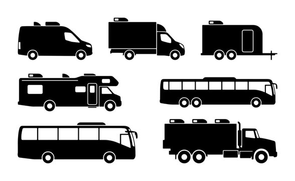 Vehicle Icons Set: RV, Bus, Truck, Van, Trailer Silhouettes for Transport Graphics