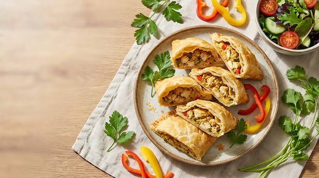Freshly baked homemade empenadas stuffed with chicken and vegetables served with a green salad