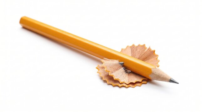 Sharpened yellow wooden pencil resting on pencil shavings over white background.
