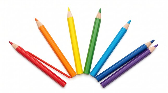 Rainbow of colorful drawing pencils arranged in a semicircle on white background.