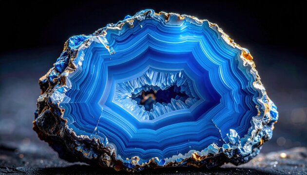 Polished blue agate geode crystal with detailed mineral layers.