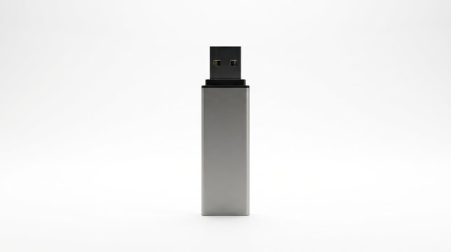 Silver metallic USB flash drive standing upright on an isolated white background.