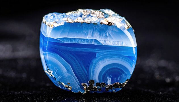 Polished blue agate geode slice with gold metallic trim.