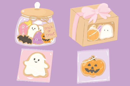 Sweet pastel halloween packaged spooky cookies in bag and box clip art for cozy autumn aesthetic and scrapbooking
