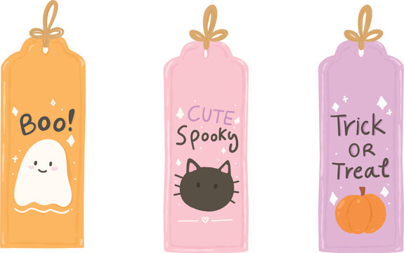Aesthetic pastel halloween cute spooky gift tags with ghost cat and pumpkin doodle icon for whimsical autumn cafe menu