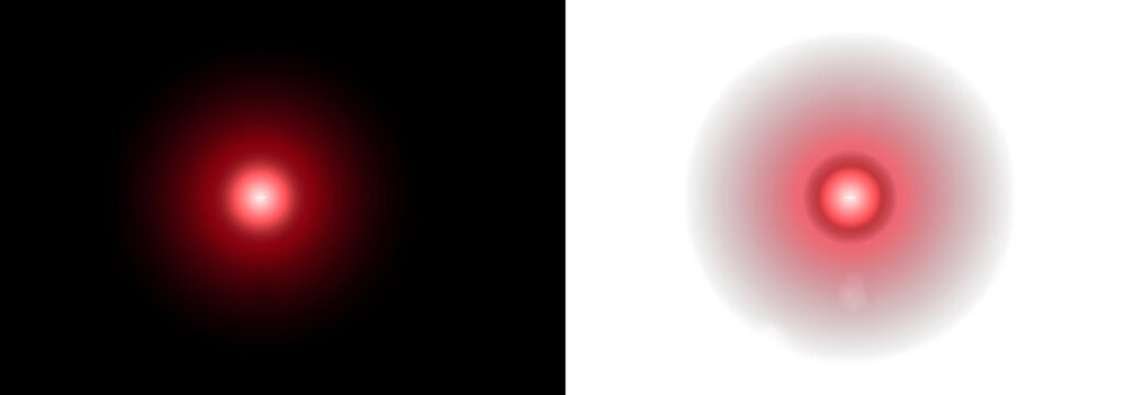 Bright red glowing light circle with soft edges isolated on black and white background for modern design projects and digital graphic art elements