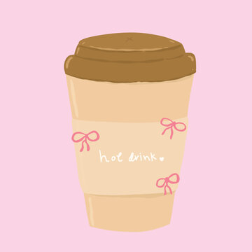 Hand drawn pastel takeaway coffee cup with pink sleeve illustration for cozy bakery and seasonal decoration