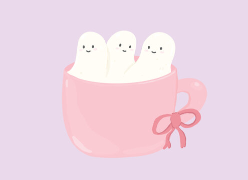 Coquette style pastel halloween pink mug with cute hot milk and ghost marshmallows graphic element for cute fall aesthetic